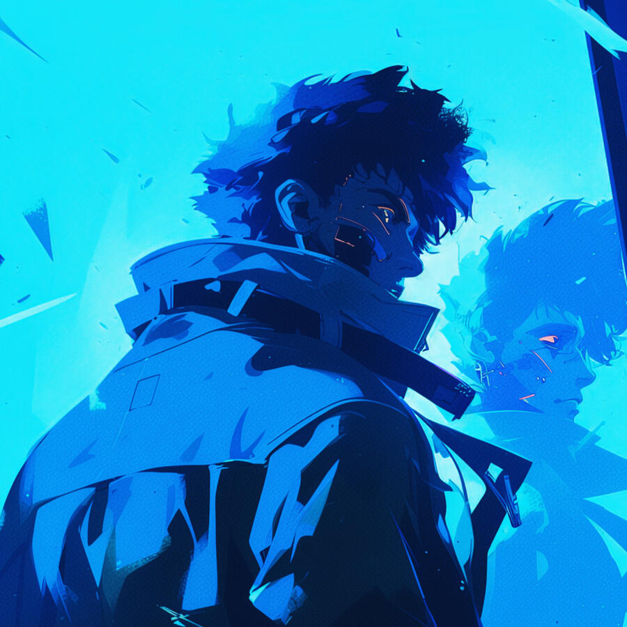 An illustration of a person half man half robot. You see his back and face and he's looking at a mirror with a lost expression.