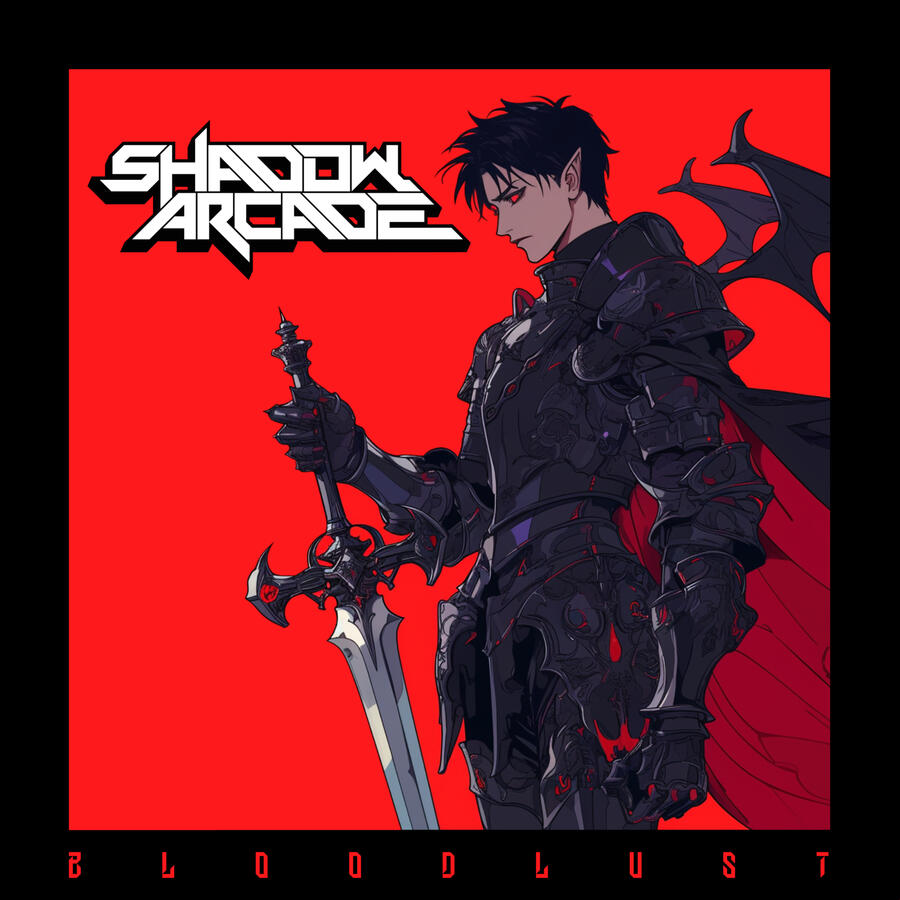 Cover art for Shadow Arcade's first album, called Bloodlust. It features a plain red background, the artist's logo in black and white and an illustration of a vampiric figure clad in gothic armor holding a sword.
