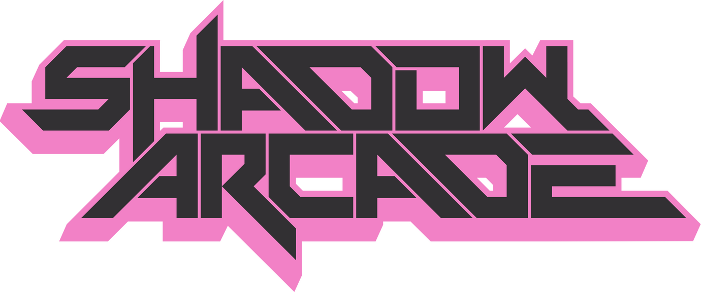 A logo depicting the words Shadow Arcade in bold outlines with brown and pink colors. This is the artist's logo.