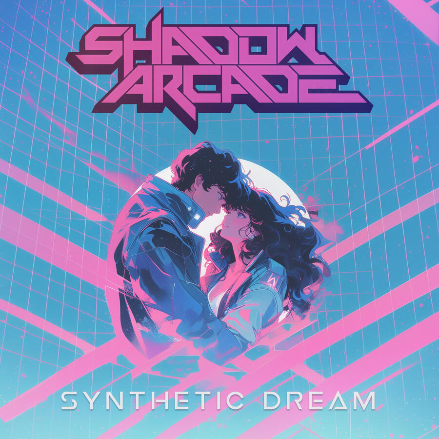Image of the artist's second album, Synthetic Dreams. It features a man and a woman embracing in a retro futuristic setting.